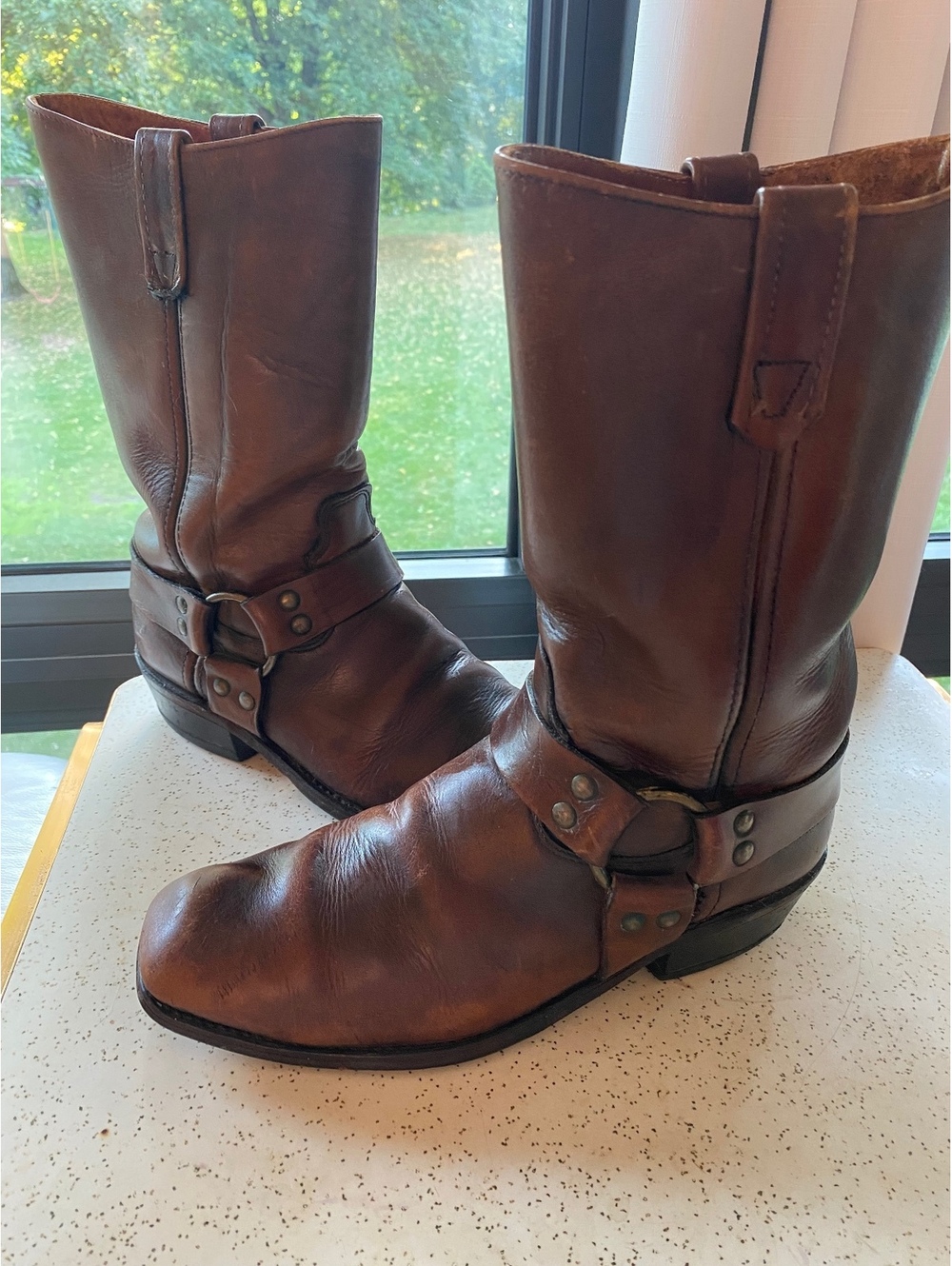 Vintage 1970’s brown leather buckle harness square toe motorcycle boot men 10